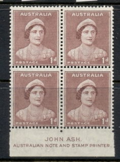 Australia-1938-42-Queen-Elizabeth-1d-red-brown-John-Ash-Imprint-blk4-MLH-MUH