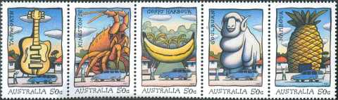 Australia-2007-Big-Things-Outdoor-town-decorations-5-x-50-cent-Multi-P14-6-x-13-86-1-stamp-each-4932-to-4936-SG