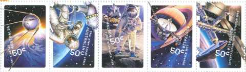 Australia-2007-Blast-off-50-Years-in-Space-5-x-50-cent-Multi-P14-6-x-13-86-Horizontal-strip-of-5-portrait-format