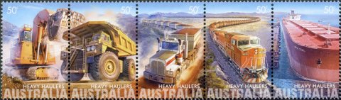 Australia-2008-Heavy-Haulers-from-Extractive-Industries-5-x-50-cent-Multi-P14-6-x-13-86-Horizontal-se-tenant-strip-of-5-sheet-stamps