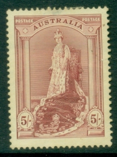 Australia-1938-Coronation-Robes-Thick-Paper-5sh-small-thin-MLH