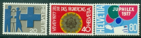 Switzerland-1977-The-100th-Anniversary-of-the-Blue-Cross-Vintage-Festival-in-Vevey-International-Stamp-Exhibition-JUPHILEX-77-Bern-MUH