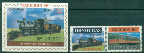 Honduras-1996-National-Stamp-Exhibition-Exfilhon-96-Tegucigalpa-Honduras-Railway-Locomotives-MS-MUH