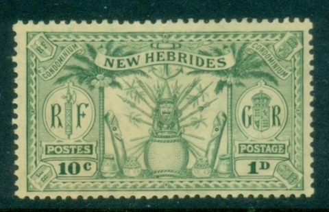New-Hebrides-Br-1912-Weapons-and-Totem-Poles-10c1d-MLH