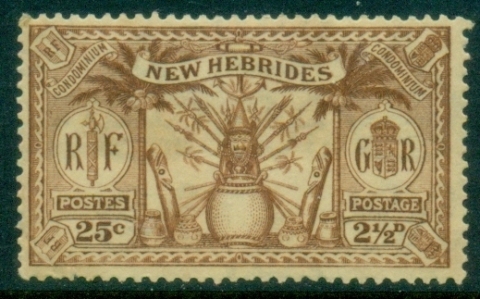 New-Hebrides-Br-1912-Weapons-and-Totem-Poles-25c2½d-MLH