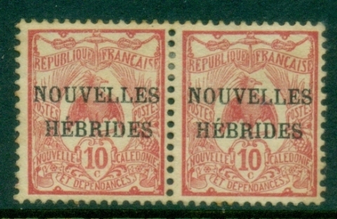 New-Hebrides-Fr-1908-New-Caledonia-Overprinted-NOUVELLES-HEBRIDES-CONDOMINIUM-10c-pair-MLH