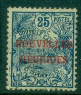 New-Hebrides-Fr-1908-New-Caledonia-Overprinted-NOUVELLES-HEBRIDES-CONDOMINIUM-25c-FU