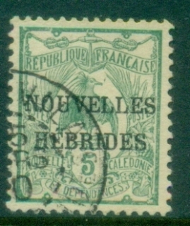 New-Hebrides-Fr-1908-New-Caledonia-Overprinted-NOUVELLES-HEBRIDES-CONDOMINIUM-5c-FU