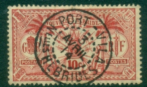 New-Hebrides-Fr-1911-Weapons-and-Totem-Poles-10c-FU