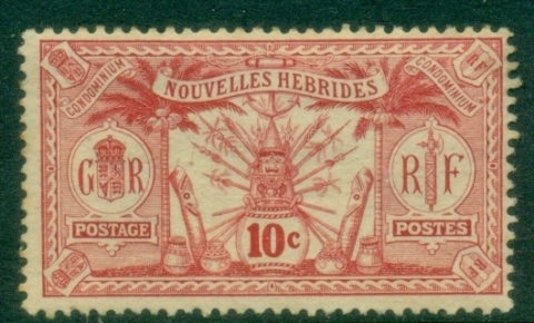 New-Hebrides-Fr-1912-Weapons-and-Totem-Poles-10c-MLH