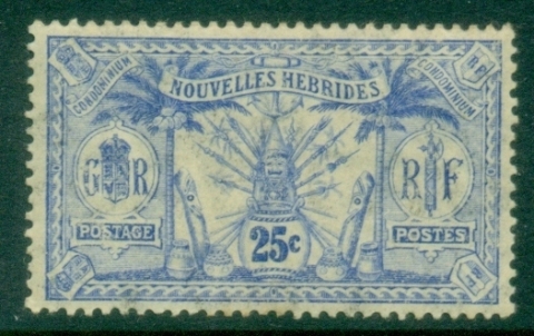 New-Hebrides-Fr-1912-Weapons-and-Totem-Poles-25c-MLH