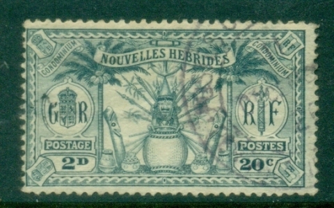 New-Hebrides-Fr-1912-Weapons-and-Totem-Poles-2d20c-FU