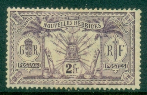 New-Hebrides-Fr-1912-Weapons-and-Totem-Poles-2fr-MLH