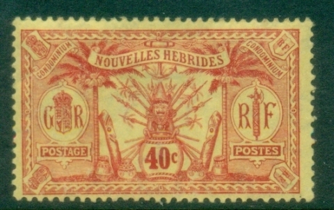 New-Hebrides-Fr-1912-Weapons-and-Totem-Poles-40c-MLH