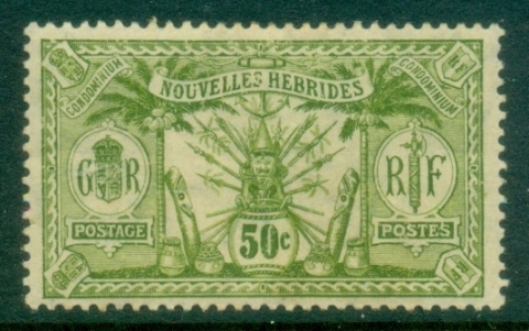 New-Hebrides-Fr-1912-Weapons-and-Totem-Poles-50c-MLH