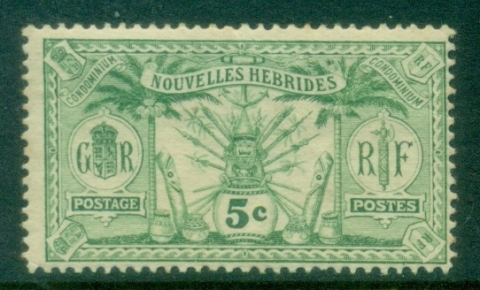 New-Hebrides-Fr-1912-Weapons-and-Totem-Poles-5c-MLH