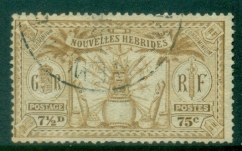 New-Hebrides-Fr-1912-Weapons-and-Totem-Poles-7½d75c-FU