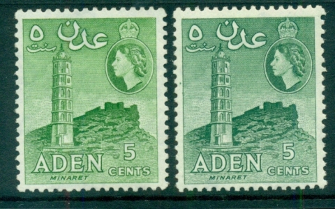 Aden-1953-59-Minaret-5c-2-shades-Perf-12-MUH-lot71309