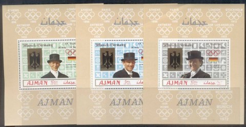 Ajman 1969 Mi#463-465 Summer Olympics Mexico Gold Medallists, Opt Munich-Germany 3x Deluxe MS