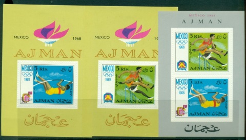 Ajman 1968 Mi#MS32-34A Summer Olympics Mexico City, embossed Perforations 3xMS
