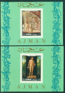 Ajman 1968 Mi#MS42-43A Paintings of Adam & Eve 2xMS Embossed Perfs.