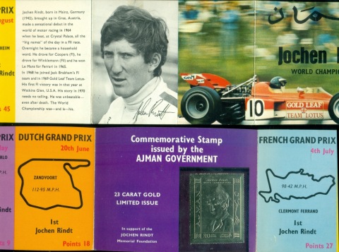 Ajman 1970 Mi#669A Formula One Racing, Jochen Rindt, gold foil embossed Presentation folder