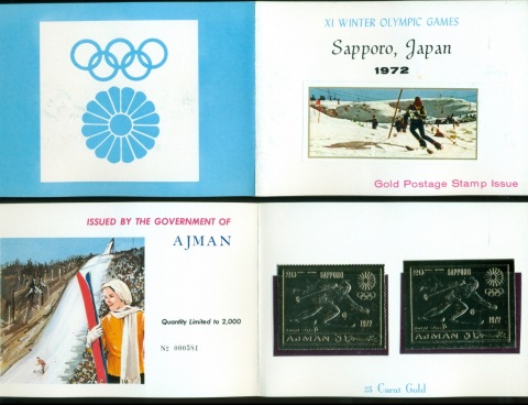 Ajman 1970 Mi#653A-B Winter Olympics Sapporo Gold foil embossed Presentation Pack Perf & Imperf