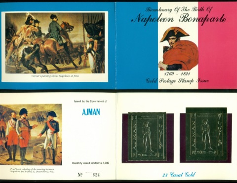 Ajman 1970 Mi#505A-B 200th Birthday of Napoleon Bonaparte Gold foil embossed Presentation Pack Perf & Imperf