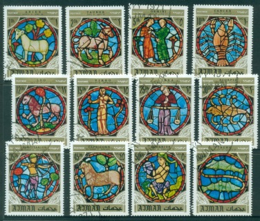 Ajman 1971 Mi#769-780 Signs of the Zodiac from Notre Dame Stained Glass Windows