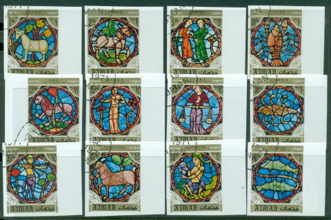 Ajman 1971 Mi#769-780B Signs of the Zodiac from Notre Dame Stained Glass Windows IMPERF