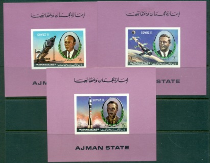 Ajman 1972 Mi#1264-1266 Soyuz 11, In Memoriam 3xDLMS purple background