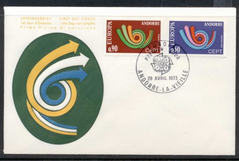 Andorra-Fr-1973-Europa-Posthorn-Arrow-FDC