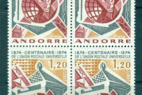 Andorra-Fr-1974-Centenary-of-UPU-Blk-4-MUH-lot76393