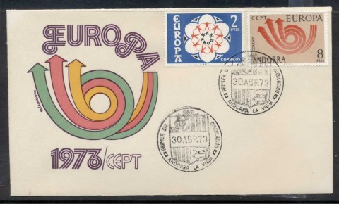 Andorra-Sp-1973-Europa-Posthorn-Arrow-FDC