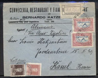 Argentina-1932-Apr-1-registered-cover-to-Germany-endorsed-Allemania-Via-Aero-Zepelin-with-1928-1p08-Air-x2-plus-San-Martin-2c-30c-tied-by-VILLAMARIA-1ABR32-ARGENTINA-datestamps