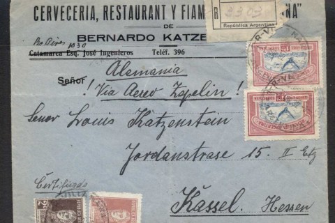 Argentina-1932-Apr-1-registered-cover-to-Germany-endorsed-Allemania-Via-Aero-Zepelin-with-1928-1p08-Air-x2-plus-San-Martin-2c-30c-tied-by-VILLAMARIA-1ABR32-ARGENTINA-datestamps