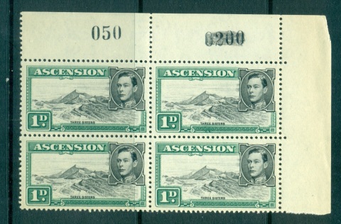 Ascension-Is-1938-53-1d-green-Three-Sisters-P13-Sheet-Cnr-Blk-4-light-tonesMUH-lot66108