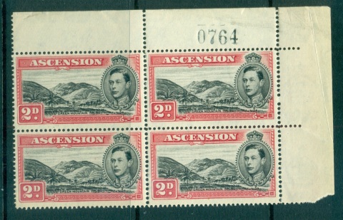 Ascension-Is-1938-53-2d-red-Green-Mountain-P14-Sheet-Cnr-Blk-4-light-tonesMUH-lot66111