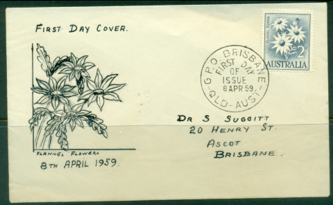 Australia-1959-Flannel-Flower-2sh-Hand-Drawn-FDC