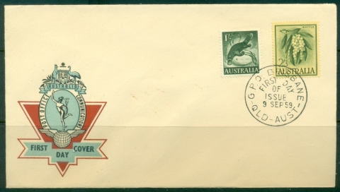 Australia-1959-Platypus-1sh-Wattle-2sh3d-FDC