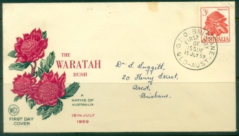 Australia-1959-Waratah-3sh-tones-Wesley-FDC