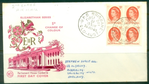 Australia-1965-QEII-definitive-5d-change-of-colour-Wesley-FDC