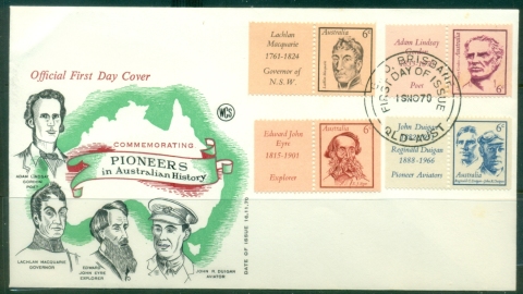 Australia-1970-Pioneers-in-Australian-History-tabs-Wesley-FDC