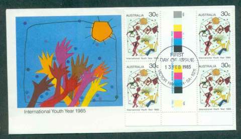 Australia-1985-International-Youth-year-Gutter-Blk-4-Victor-Harbour-SA-FDC-Lot50376