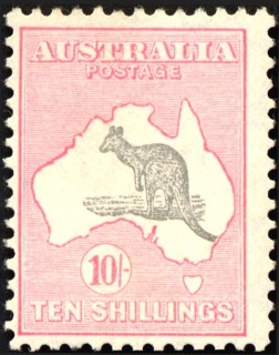 Australia-1913-Kangaroo-Map-10-shilling-grey-and-pink-II-First-CR-over-A-P12-Animal