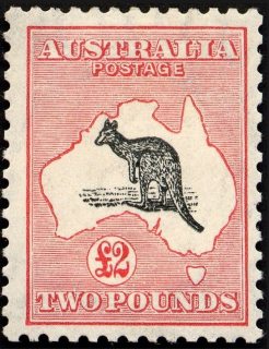 Australia-1913-Kangaroo-Map-2-pound-black-and-rose-II-First-CR-over-A-P12-Animal