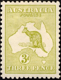 Australia-1913-Kangaroo-Map-3-pence-olive-II-First-CR-over-A-P12-Animal