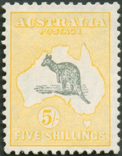 Australia-1913-Kangaroo-Map-5-shilling-grey-and-yellow-II-First-CR-over-A-P12-Animal