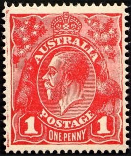 Australia-1914-King-George-V-1-pence-carmine-red-I-Single-CR-over-A-P14-25-line-Royalty