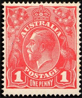 Australia-1914-King-George-V-1-pence-carmine-red-II-Single-CR-over-A-P14-5-x-14-comb-Royalty